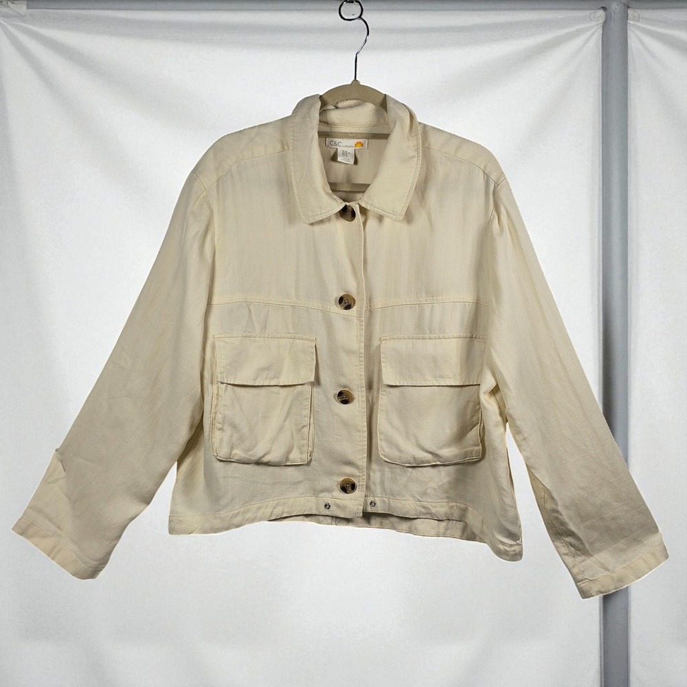 C&C California Womens XL Cream Herringbone Button Front Jacket Top !Missing Tie